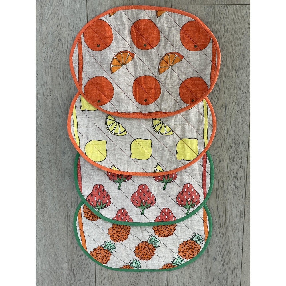 Quilted Reversible Oval Placemats Set Of 4 Fruit Floral Garden Cotton Multicolor